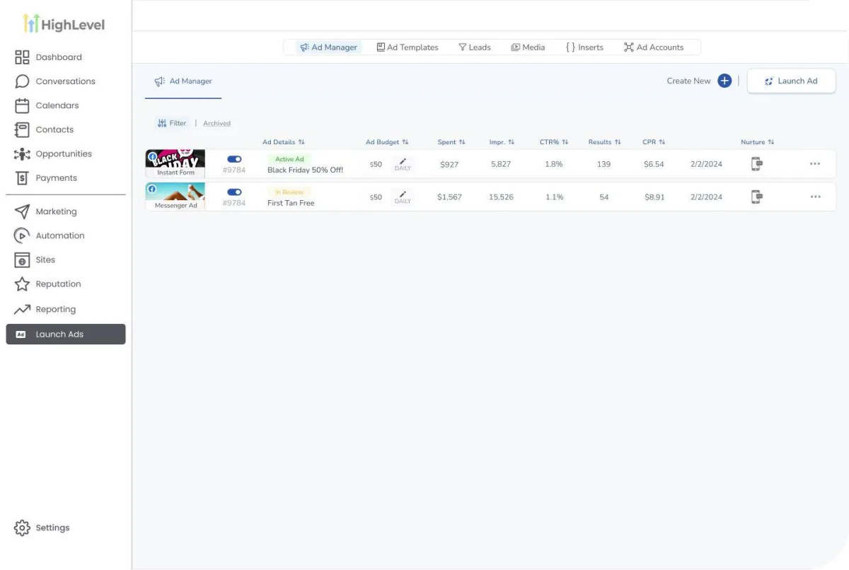 AdLaunch white-label ad manager interface
