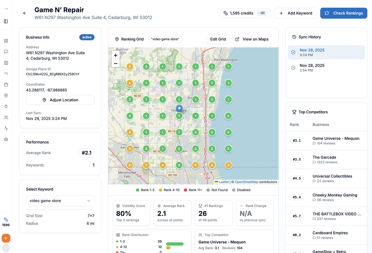 Google Maps rank tracking heatmap showing local search rankings