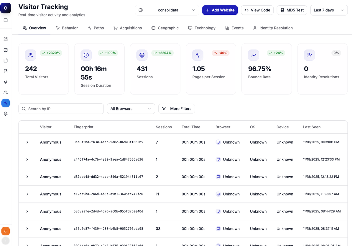 Visitor tracking dashboard showing identified website visitors