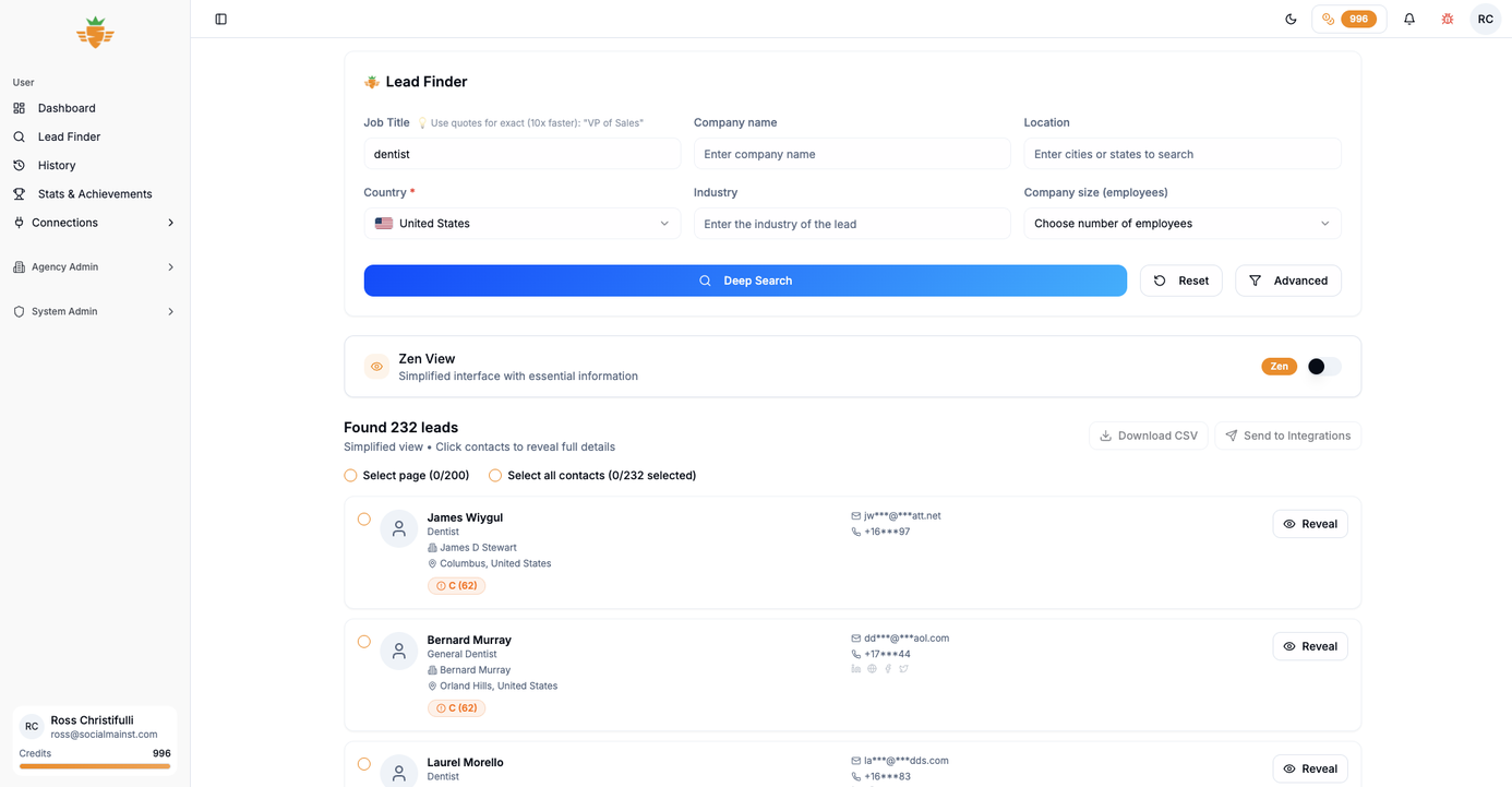 LinkedIn lead finder interface showing search results